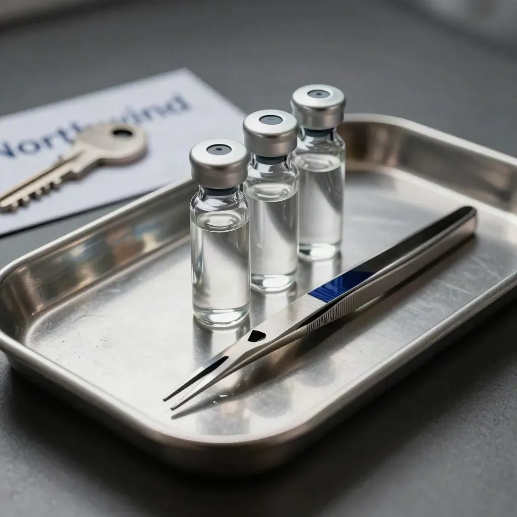 Sterilized lab tweezers, glass vials, and tray on pewter metal in dramatic light