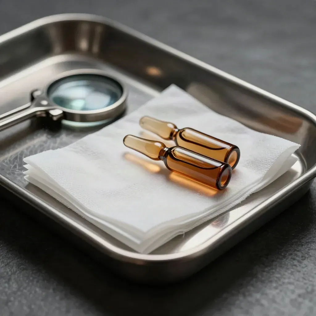 Brushed surgical tray with amber ampoules and folded gauze on a graphite stone surface