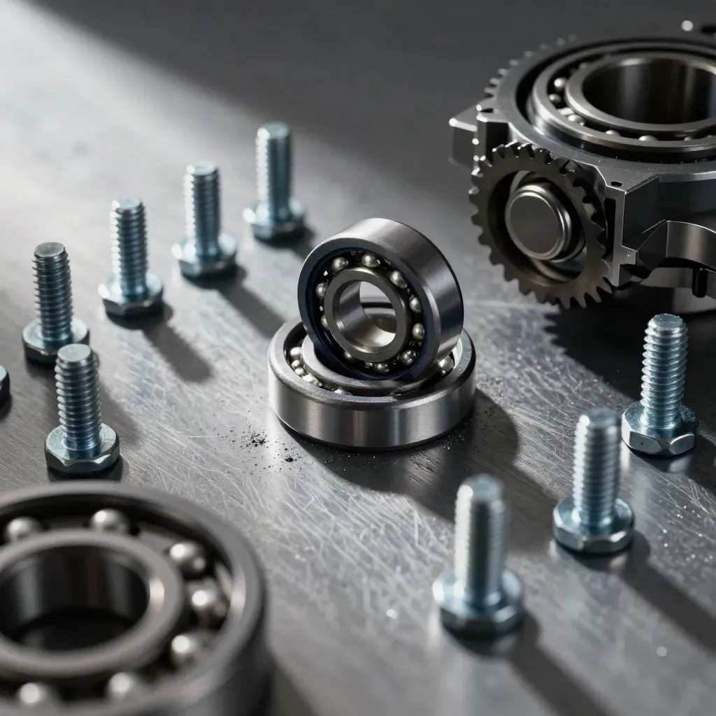 Overhead grid of ball bearings, socket screws and a gear hub on brushed metal with soft light