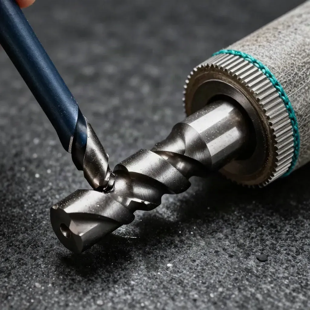 Macro still life of steel workshop tools fanned on dark granite with a teal accent