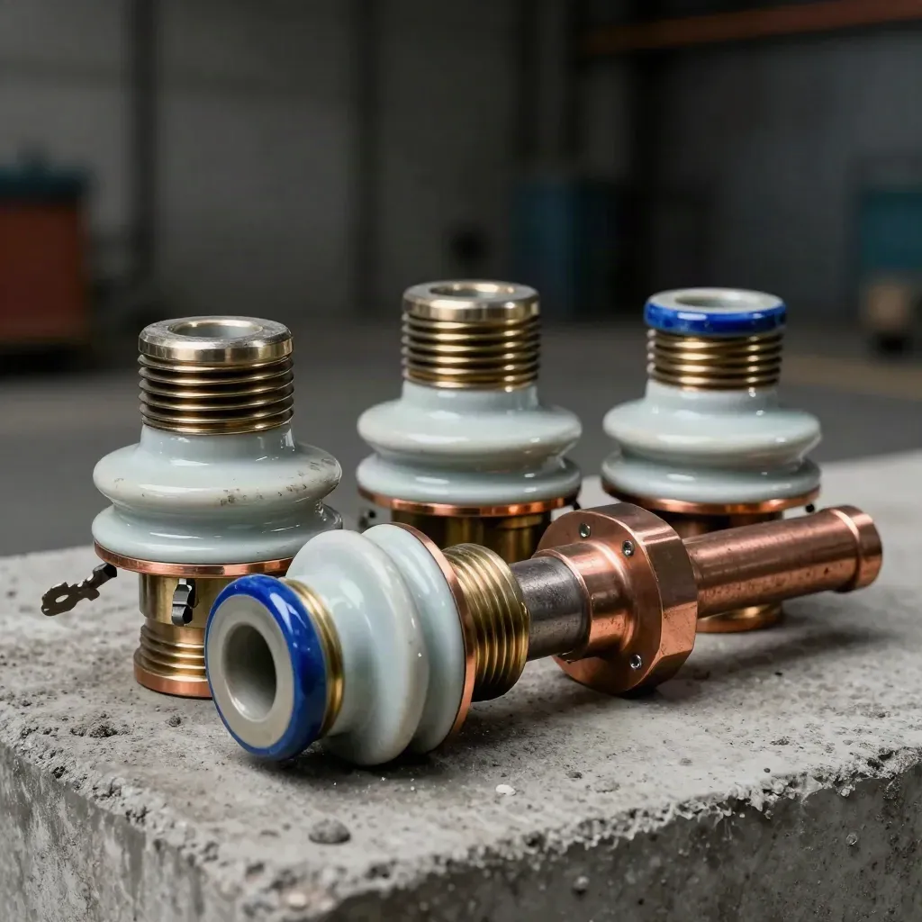Copper bus-bar, ceramic insulators and cable glands on pale concrete in dramatic low-key light.