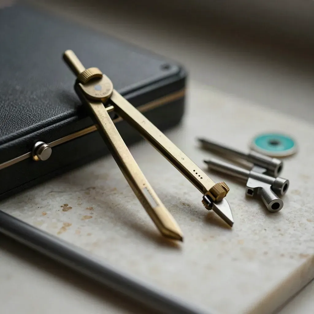 Brass compass, divider, and survey markers on travertine in moody macro light