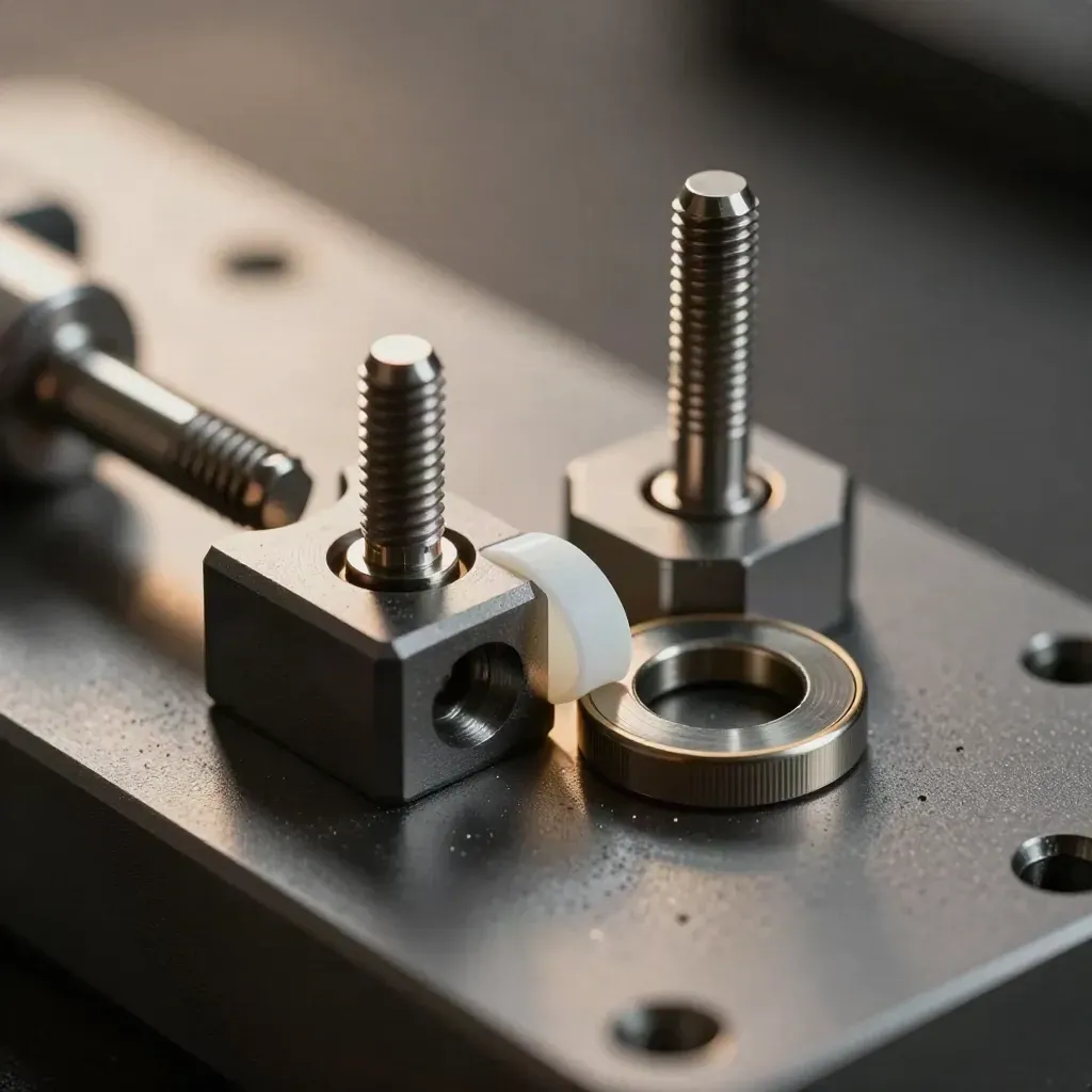 Macro of an adapter block, spacer pins and shim aligning on a graphite plate.