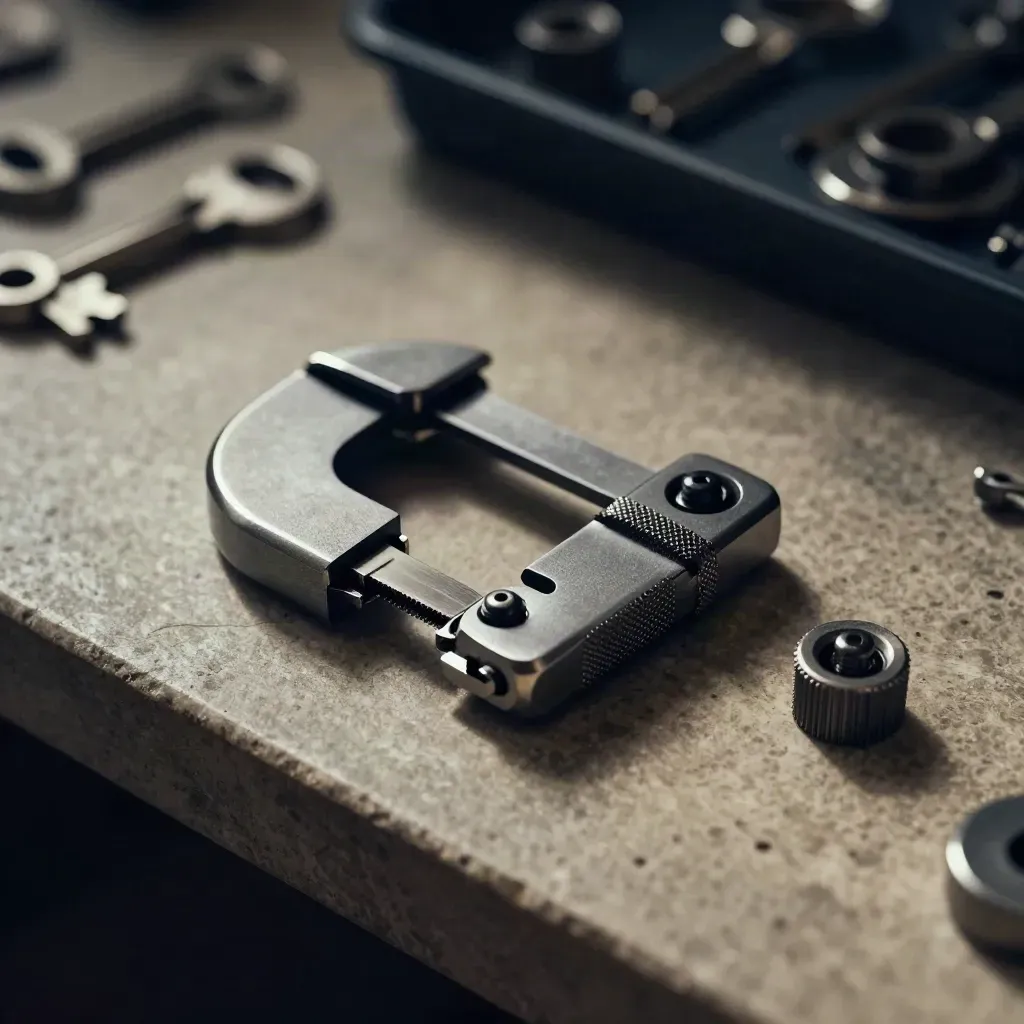 Half-open split clamp with hex collar and fasteners on a brushed stone bench