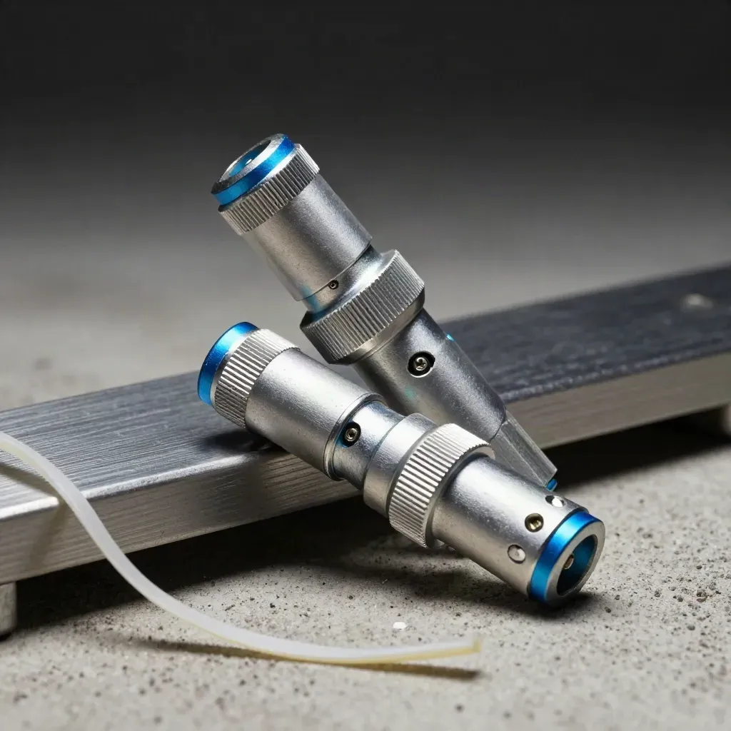 Interlocked cable couplers and a stepped metal bridge plate on pale concrete with mist and blue trim