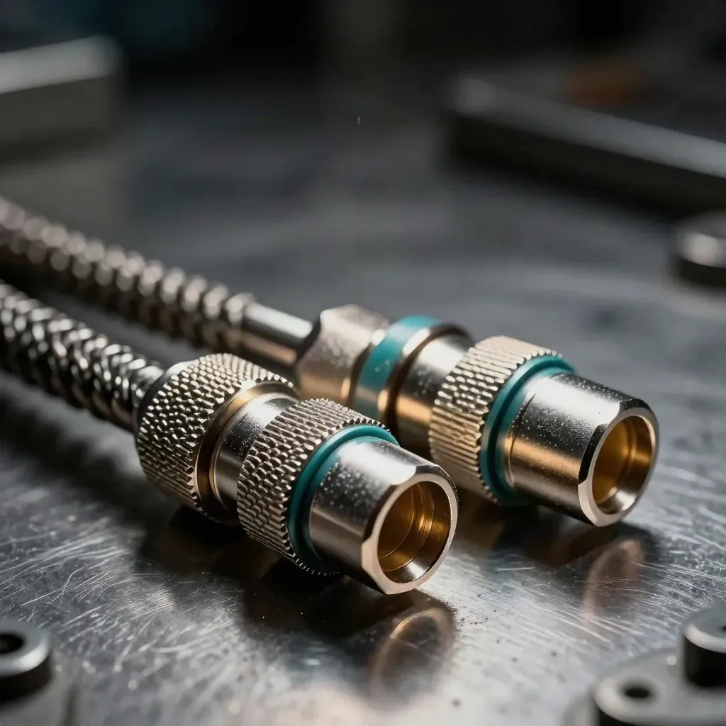 Macro of a junction block, braided patch lead and connector caps on brushed steel with teal accents.
