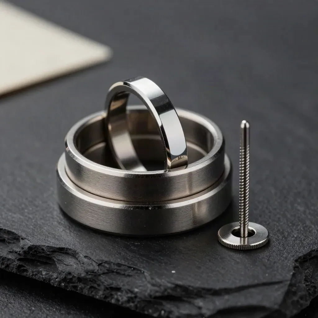 Nested metal lock rings beside a timing pin on dark slate, top-down macro