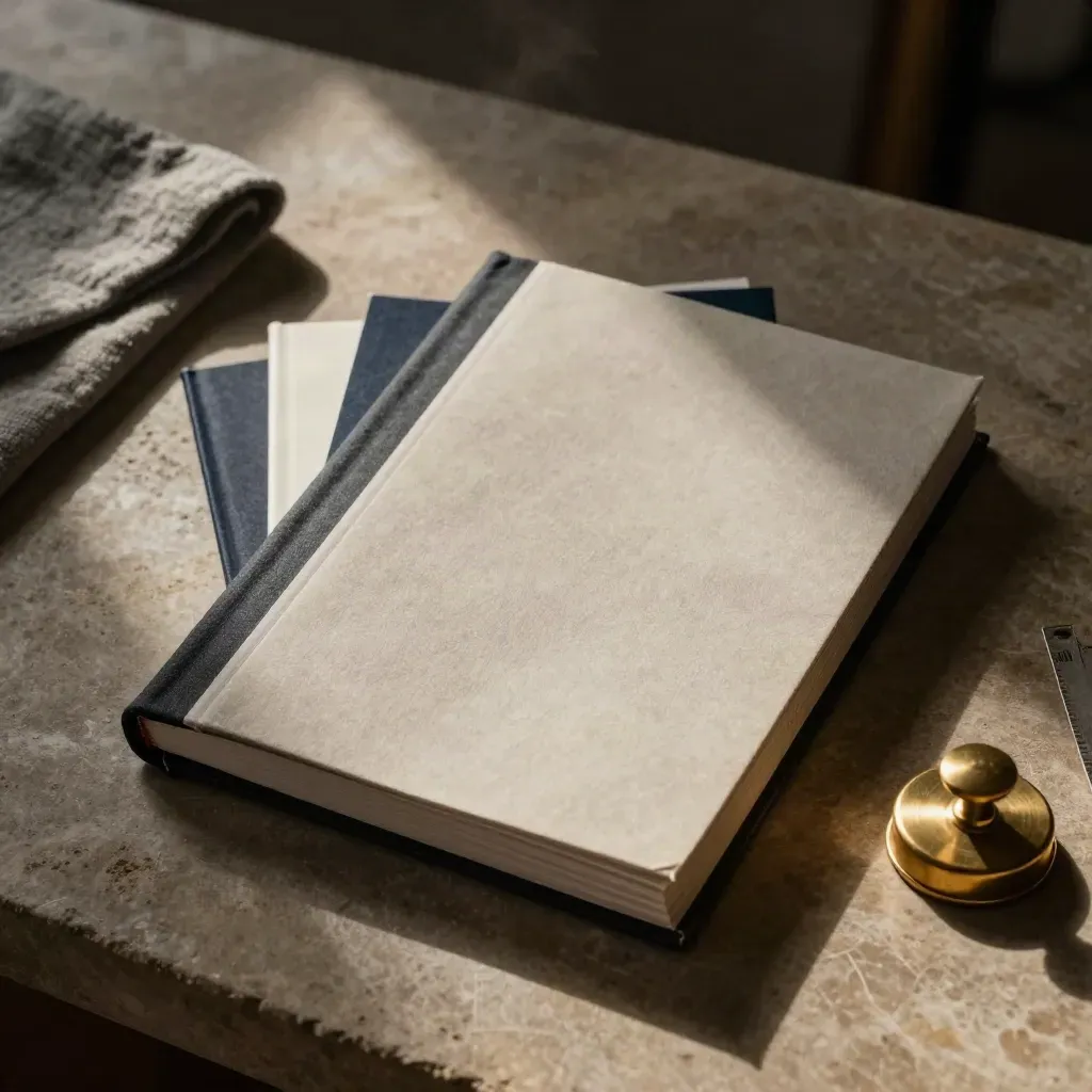 Blank technical handbook with tabbed dividers and brass page weight on warm stone, lit by soft daylight.