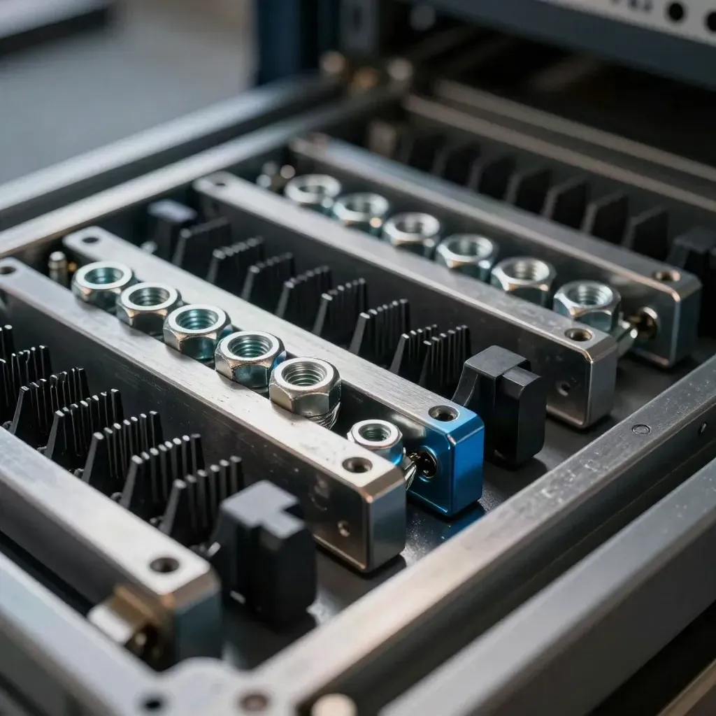 Rack rail brackets, cage nuts, and cable combs arranged in a cool industrial macro close-up.
