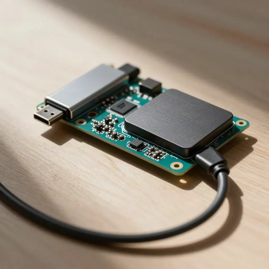 Top-down macro of SBC, USB hub and SSD on pale wood with muted teal accents