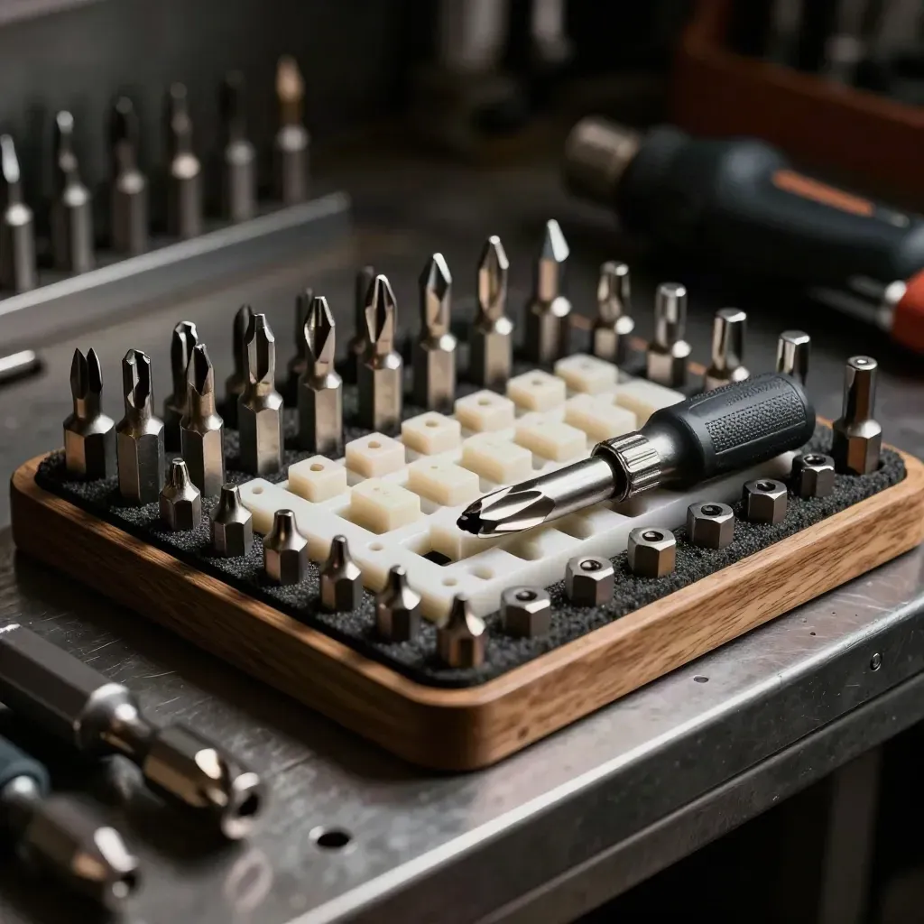 Torque bits, fastener cups, and alignment blocks on a workshop bench
