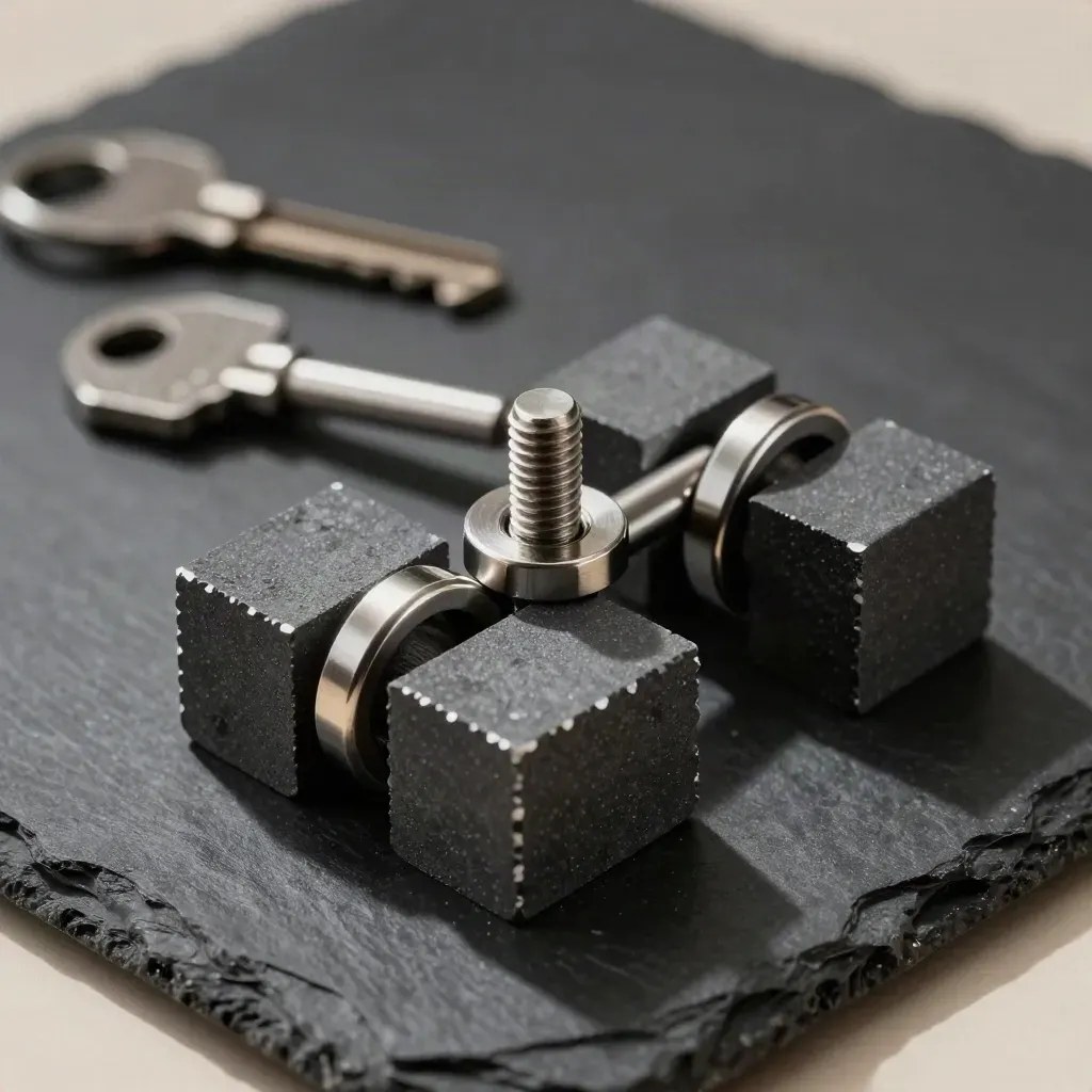 Machined graphite blocks linked by steel rings and a threaded pin on dark slate, lit dramatically.
