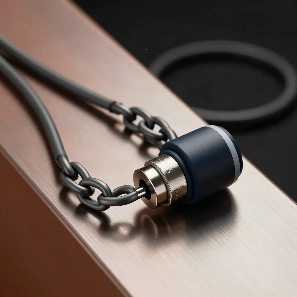 Top-down macro of cable loops, magnetic coupler and connector pod on brushed metal