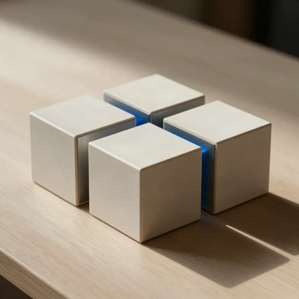Overhead still life of pale modular cubes, shims and a corner block in a tidy grid.